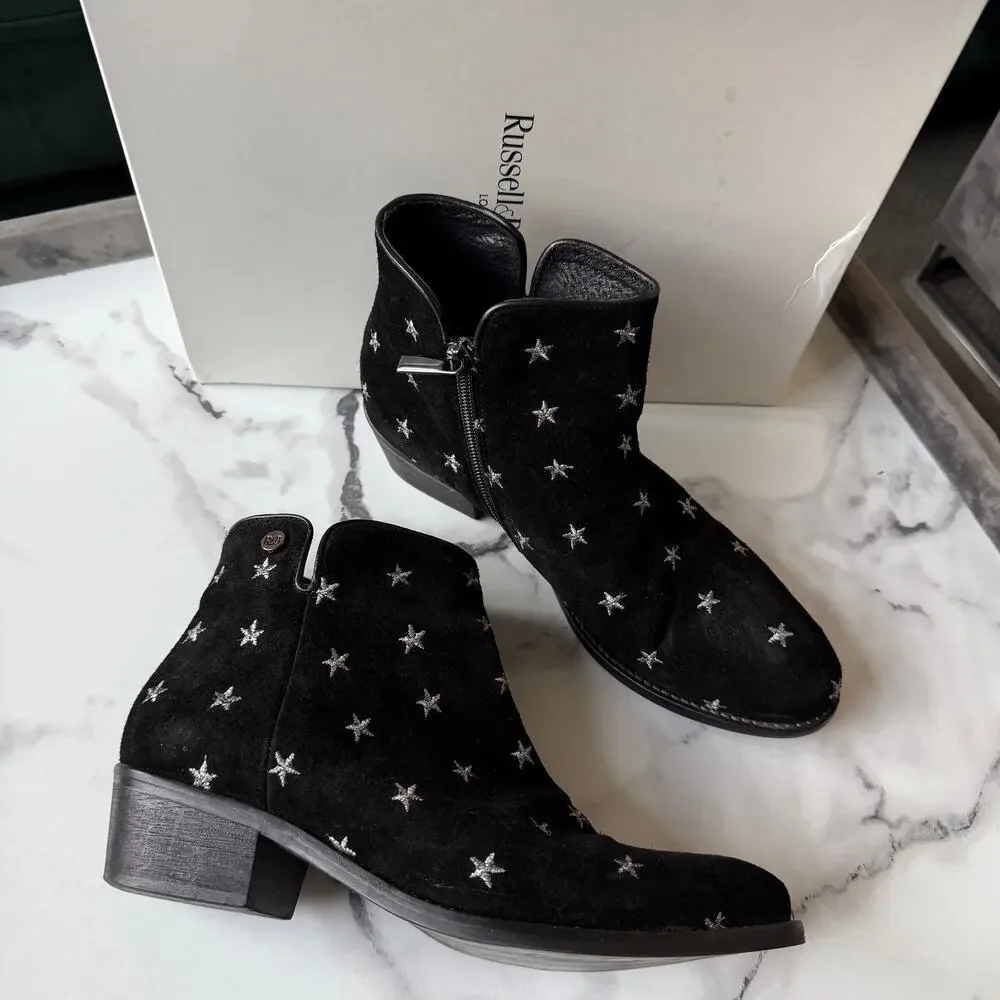 Russell & Bromley Stardom Embroidered Black Suede Western Ankle Boots